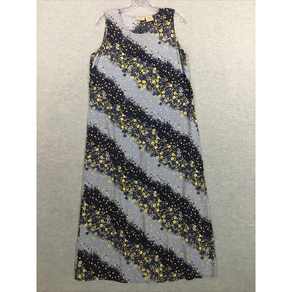 Bobbie Brooks Large Blue Floral Sheath Dress Sleeveless Modest Midi Length Rayon